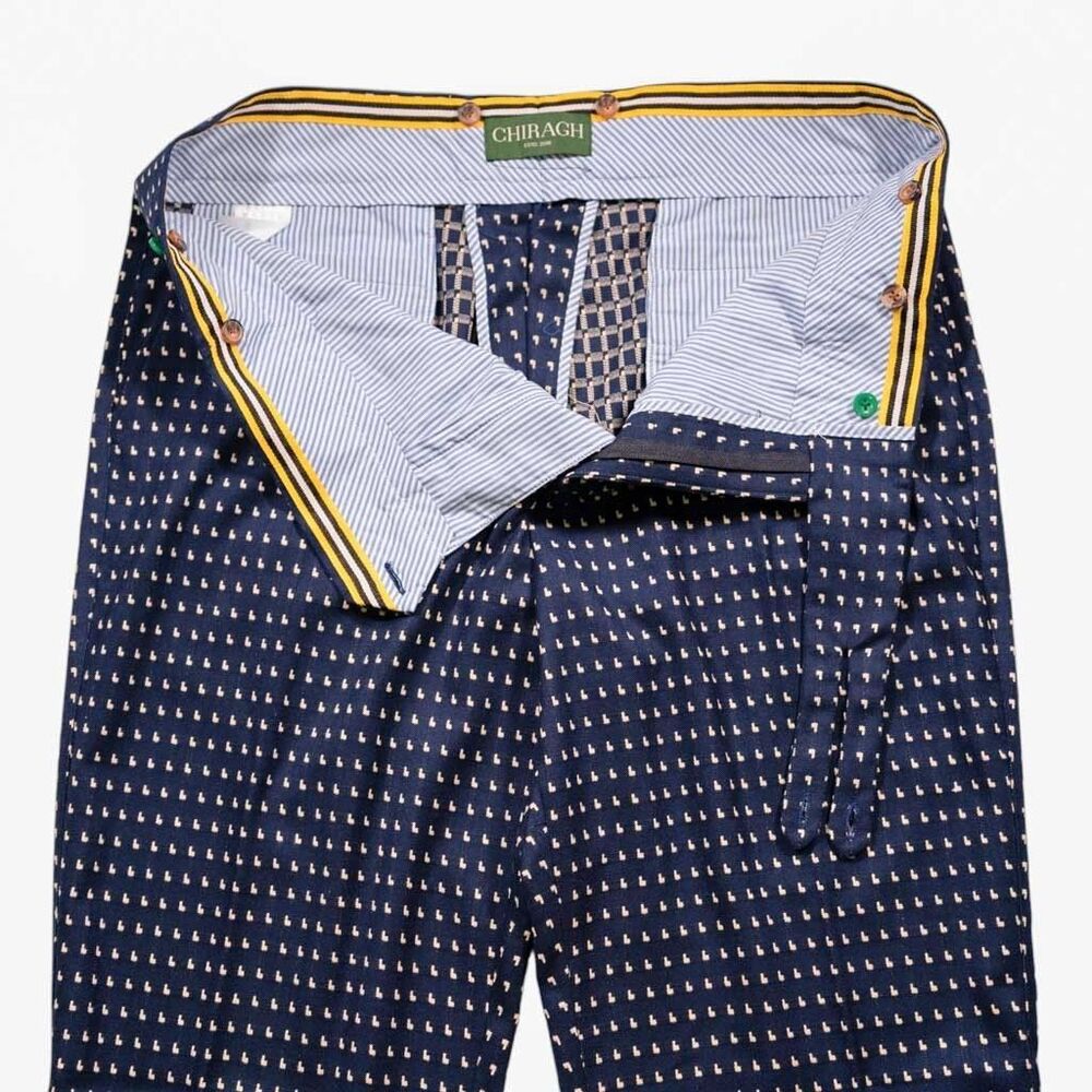 Mens 38 Gurkha Pants Navy Blue Geometric Cotton Trousers Flat Front Straight Fit - Picture 3 of 7